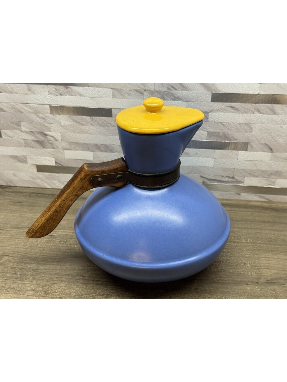 Vintage Catalina Pottery Carafe Blue Glaze Yellow Lid 1930s Wood Handle MCM